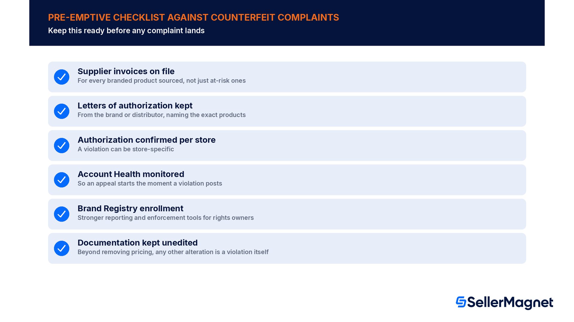 Checklist preventiva contro le segnalazioni di contraffazione Amazon: fatture dei fornitori e lettere di autorizzazione archiviate, autorizzazione confermata per ogni store, Account Health monitorato, iscrizione a Brand Registry per i titolari dei diritti.