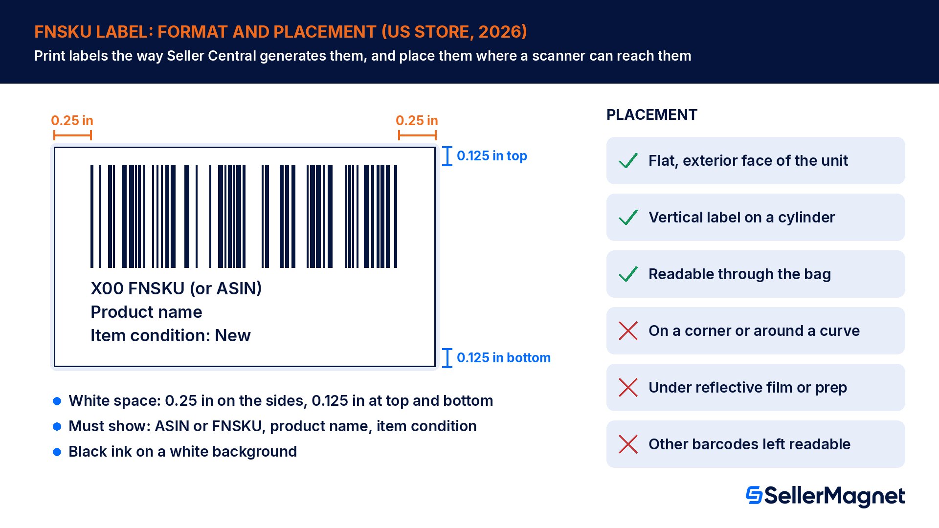 Amazon FNSKU label rules: white space of 0.25 inch on the sides and 0.125 inch at top and bottom, ASIN or FNSKU, product name and condition, flat placement, vertical on cylinders