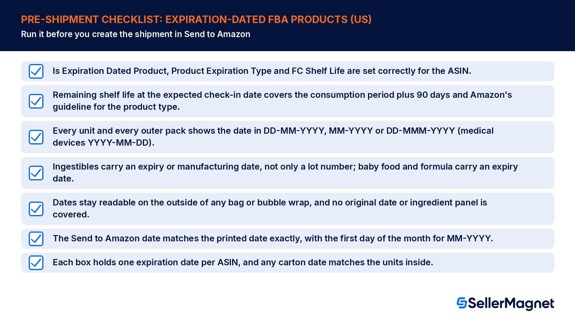 Checkliste vor dem Versand für Amazon-FBA-Produkte mit Haltbarkeitsdatum im Jahr 2026: Attribute, verbleibende Haltbarkeit, Datumsformat, außen angebrachte Etiketten bei der Vorbereitung, exaktes Send-to-Amazon-Datum und ein Datum pro ASIN pro Karton