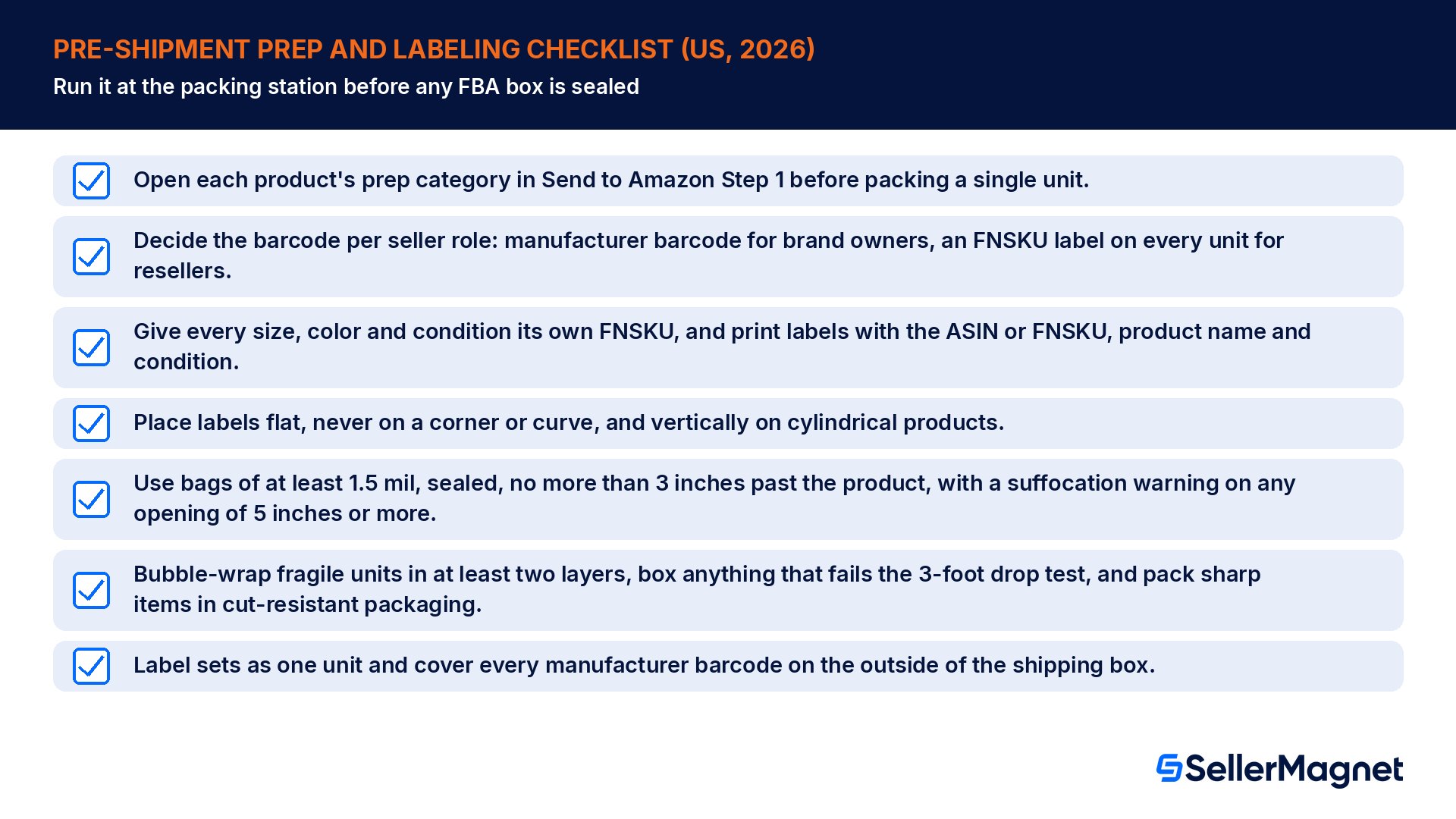 Pre-shipment FBA prep and labeling checklist for 2026: prep category, FNSKU per size, color and condition, label placement, bag thickness, suffocation warning, set labels and covered carton barcodes