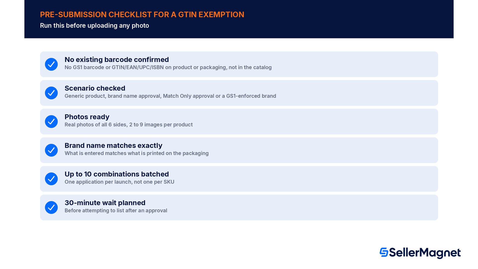 Liste de vérification avant envoi pour une exemption de GTIN sur Amazon : aucun code-barres existant, scénario vérifié, photos des six faces, correspondance du nom de marque, jusqu'à 10 combinaisons, 30 minutes d'attente avant la mise en vente