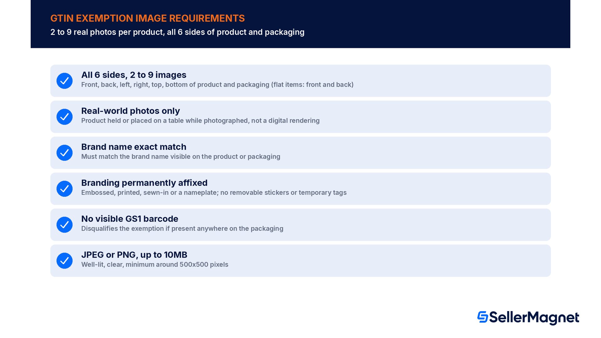 Exigences relatives aux images pour l'exemption de GTIN : les six faces du produit et de l'emballage (avant, arrière, gauche, droite, dessus, dessous), 2 à 9 photos réelles, correspondance exacte du nom de la marque, marquage permanent, aucun code-barres GS1 visible, format JPEG ou PNG jusqu'à 10 Mo