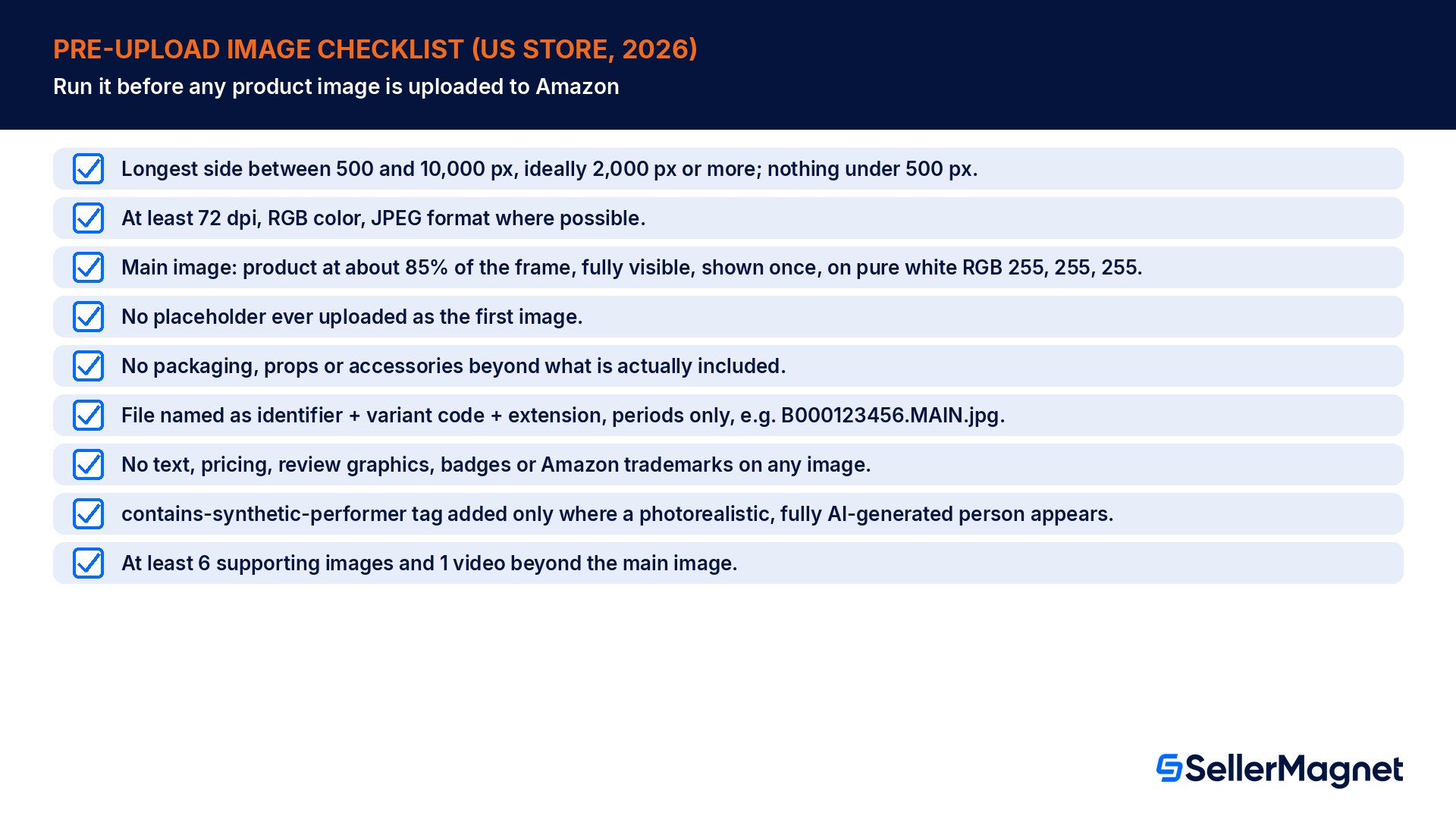Checklist de pré-carregamento de imagens de produto na Amazon 2026: tamanho, resolução, preenchimento de 85 por cento, fundo branco puro, nomenclatura de ficheiros, etiqueta de divulgação de IA, seis imagens de apoio e um vídeo