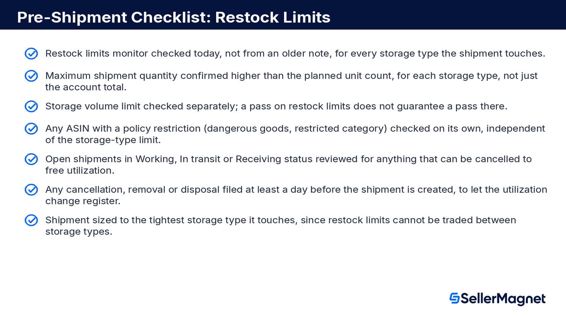 Checkliste vor dem Versand für Amazon-FBA-Restock-Limits 2026: Monitor heute prüfen, maximale Sendungsmenge pro Lagerart bestätigen, Lagervolumenlimits und Richtlinienbeschränkungen separat prüfen, Nutzung einen Tag vorher freigeben