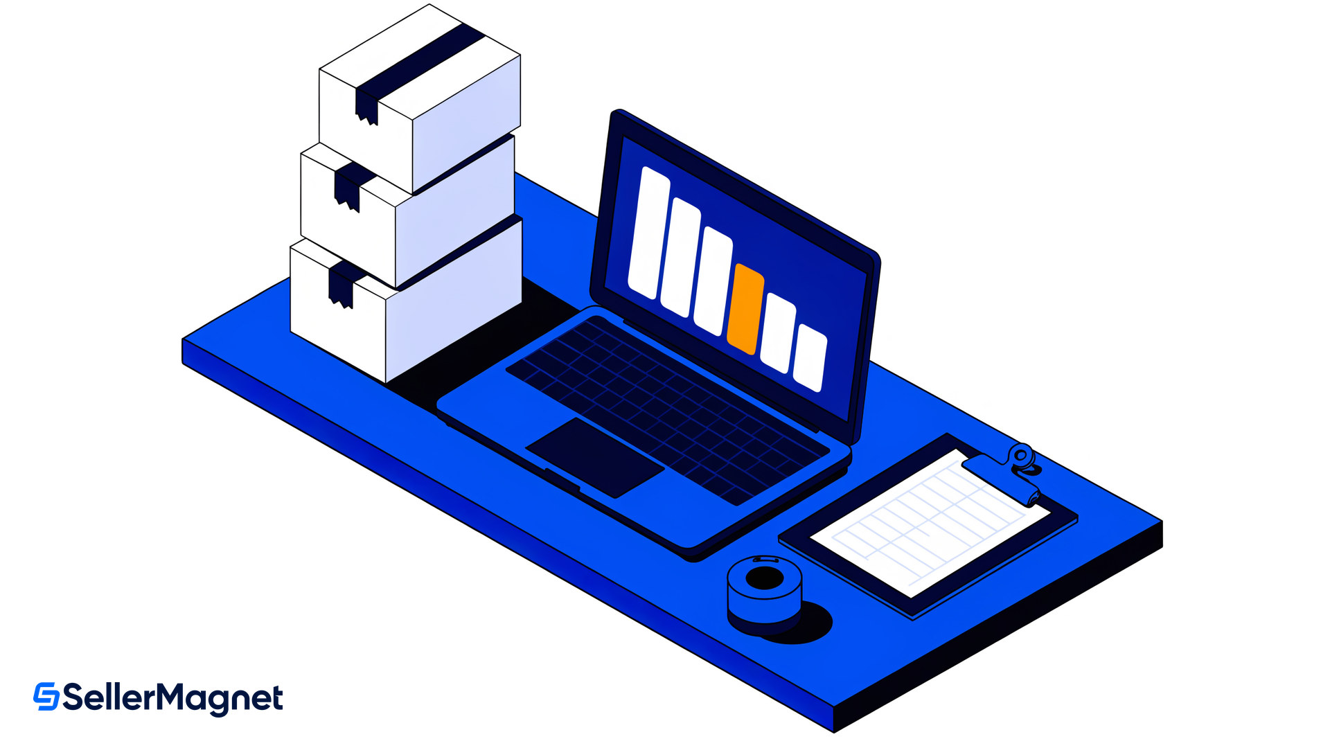 isometric desk with laptop inventory dashboard of descending bars boxes and restock clipboard