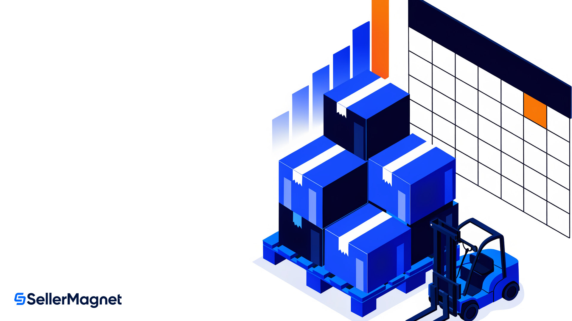 isometric pallet of blue shipping boxes with forklift calendar and rising bar chart