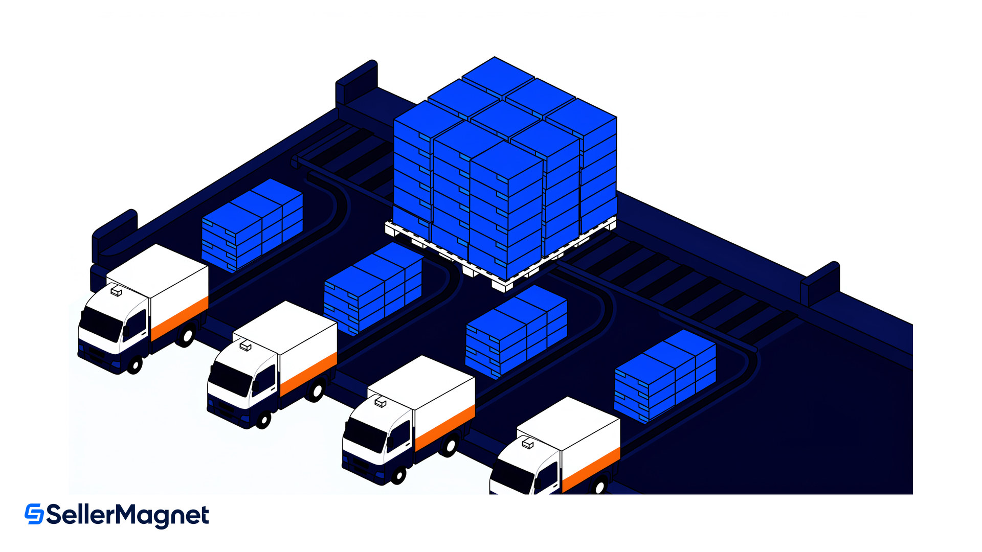 isometric pallet of identical cartons splitting onto four trucks bound for amazon fulfillment centers