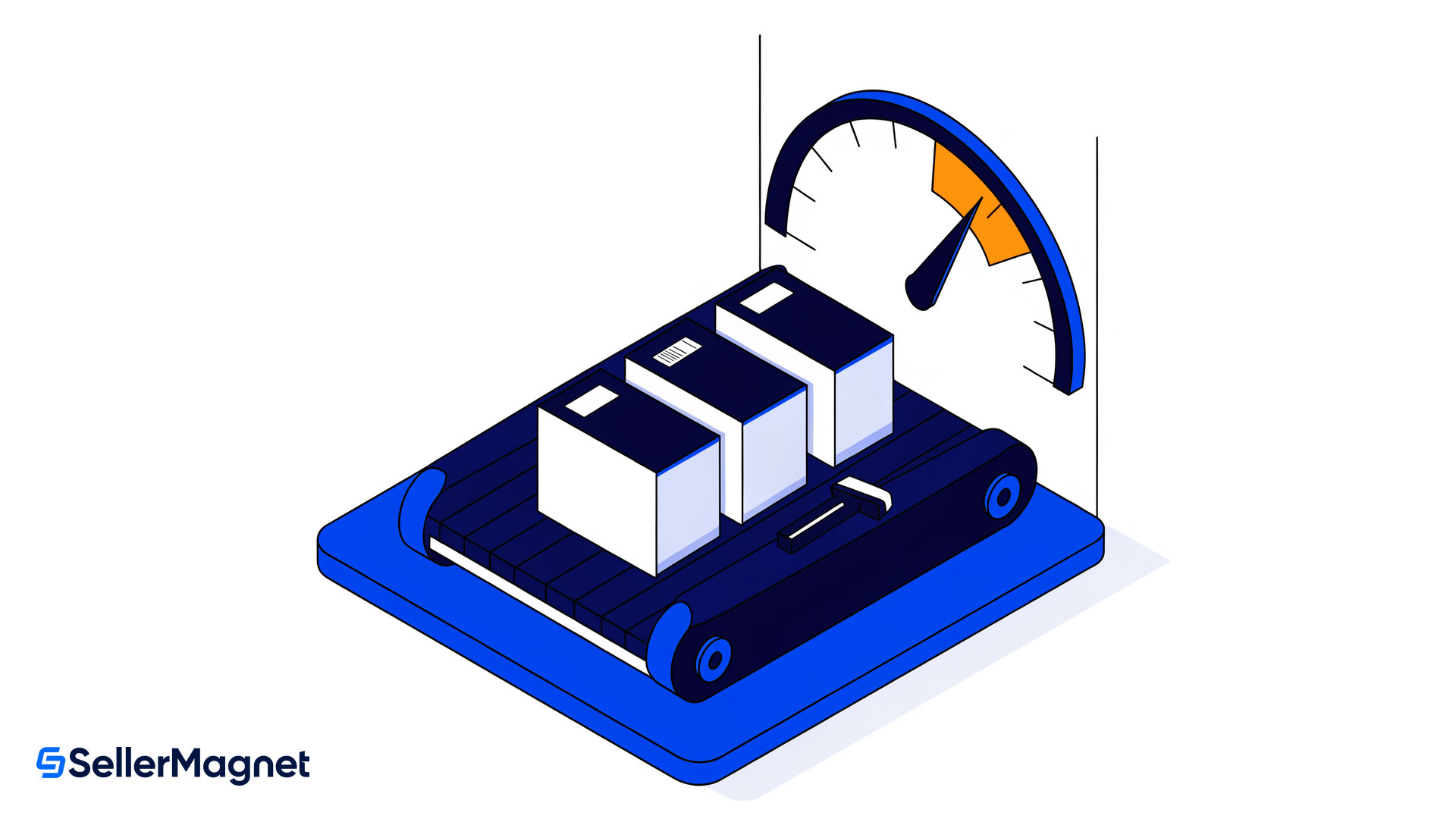 isometric returns conveyor with parcels a scanner and a gauge screen marking the return rate threshold