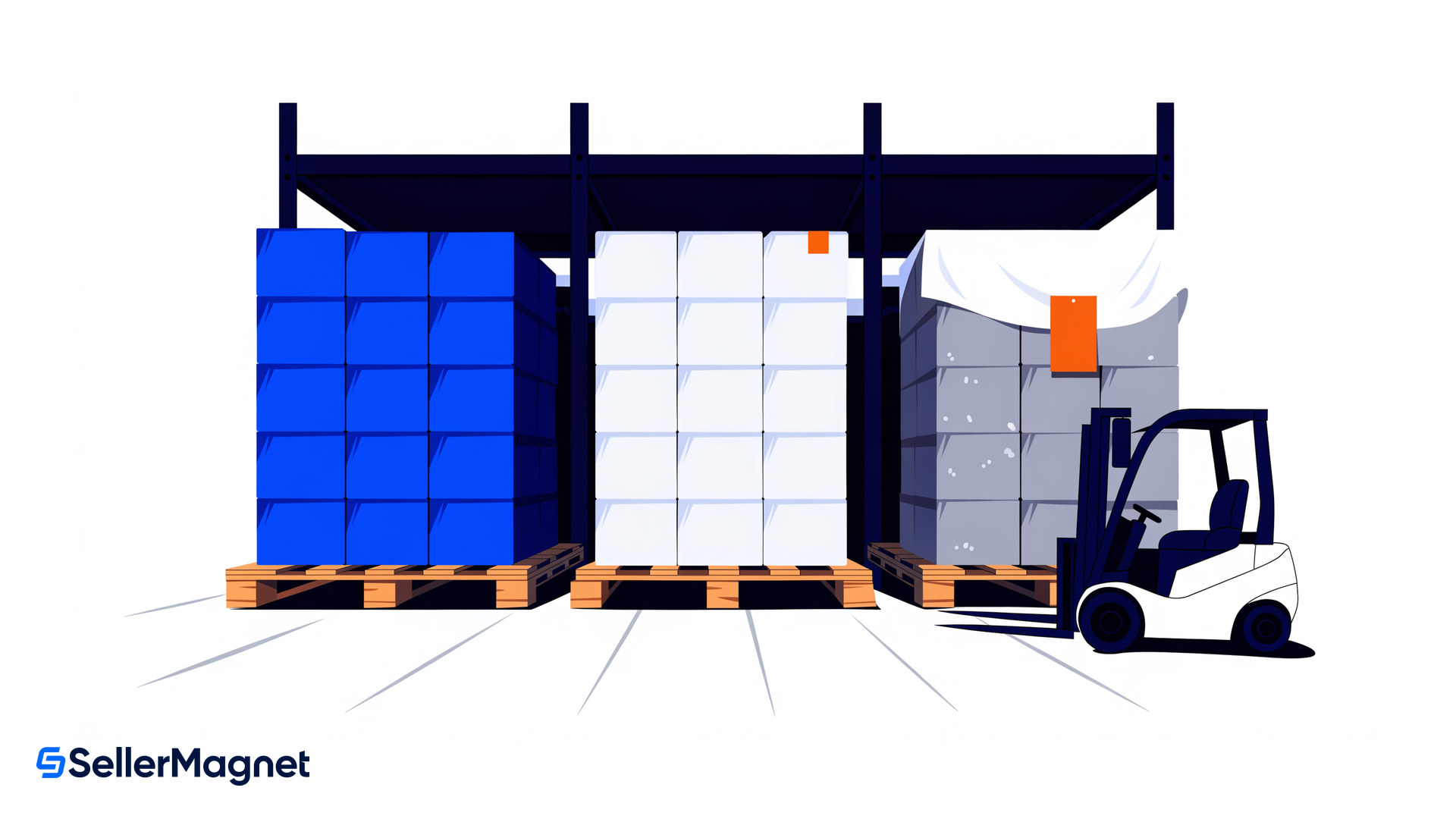 three fba pallets with fresh aged and dust covered cartons and an orange age tag beside a forklift